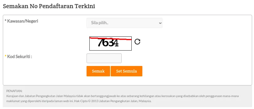 semakan no terkini jpj